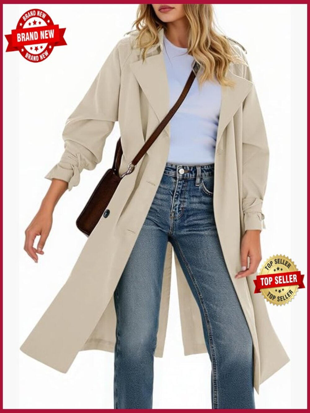 Double Breasted Notch Lapel Long Trench Coat Oversized Windproof Belt